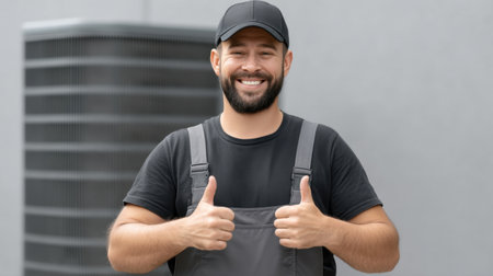 A smiling HVAC specialist in a gray uniform gives a thumbs up next to an air conditioning unit outdoors, conveying professionalism and customer satisfaction with his cheerful demeanor.の素材