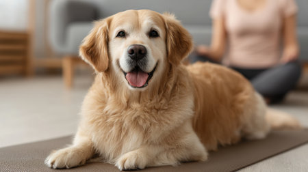 A joyful golden retriever lies on a yoga mat, exuding warmth and happiness. A woman practices yoga poses in a peaceful indoor space, promoting tranquility and connection.の素材