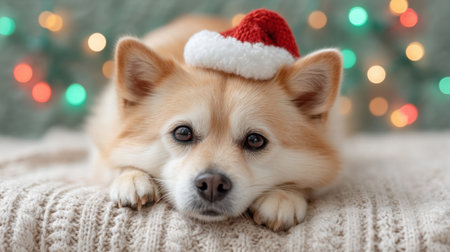 A cozy dog wearing a Santa hat lies on a soft blanket, surrounded by colorful Christmas lights, capturing the warmth and charm of festive holiday spirit.の素材