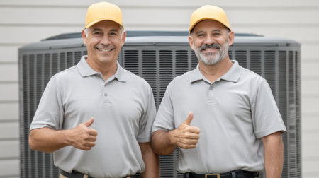 Two skilled air conditioning repairmen stand outside a home, proudly showcasing their expertise and readiness to provide exceptional HVAC maintenance and repair services.の素材