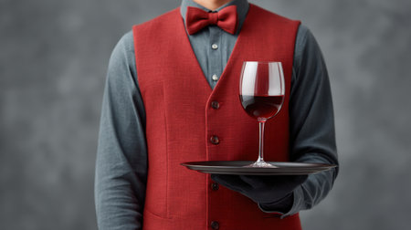 A sophisticated sommelier presents a red wine glass on a tray, showcasing the elegant atmosphere of an upscale wine bar with a rich dark background.の素材