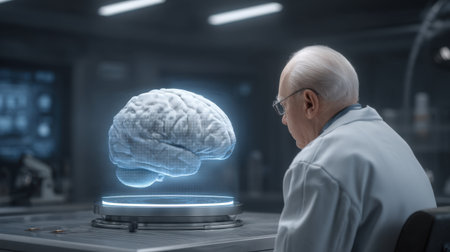 A scientist observes a virtual brain hologram in a modern laboratory, highlighting advanced research in neuroscience and the integration of digital technology in medical studies.の素材