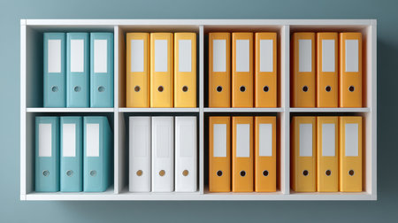 A neatly arranged office shelving unit featuring a variety of color-coded folders and labels, showcasing a clean and organized workspace ideal for productivity and efficiency.の素材