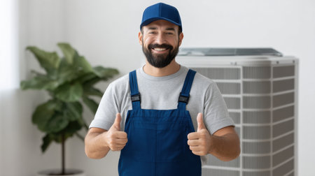 A cheerful repairman in a blue uniform stands next to an air conditioner, giving a thumbs up. His friendly demeanor and modern setting highlight quality service and comfort.の素材