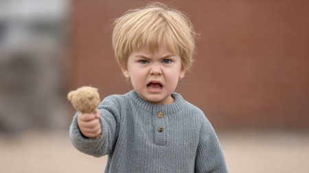 A young boy displays raw emotion while tossing a toy in frustration. His face shows anger and determination, capturing a moment of childlike tantrum in an outdoor setting.の素材