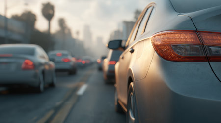 An unfocused view of a driver caught in slow traffic during morning rush hour, showcasing a typical urban commute with blurred car lights against a city backdrop.の素材