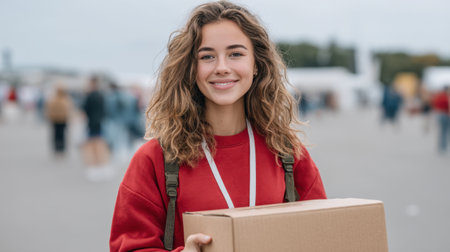 A cheerful volunteer holds a box of food while participating in a community charity event, showcasing the spirit of helping others and fostering a sense of togetherness.の素材