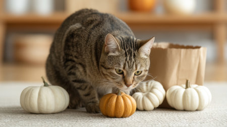 A curious cat explores a small orange pumpkin in a cozy indoor setting, surrounded by white pumpkins, showcasing a peaceful autumn atmosphere with natural light.の素材