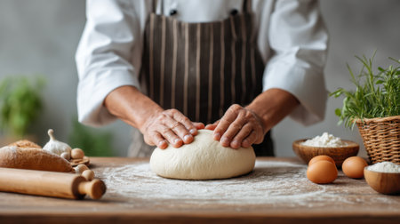 A skilled chef presses soft dough on a wooden counter, surrounded by fresh ingredients like eggs and flour, embodying the essence of traditional baking.の素材