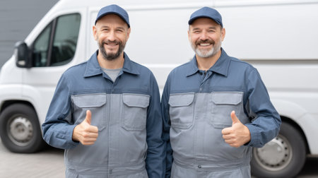 Two cheerful HVAC technicians stand proudly next to their service van, giving thumbs up to showcase their professionalism and readiness to assist customers with comfort solutions.の素材