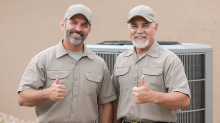 Two professional HVAC technicians in uniform proudly give a thumbs up beside air conditioning equipment, showcasing excellence in service and customer satisfaction.の素材