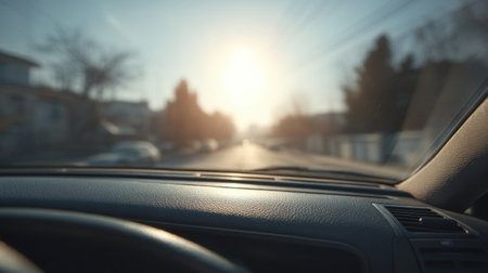 Experience a beautiful view through a car's windshield as sunlight creates a stunning glare, illuminating the road ahead during an early morning drive.の素材