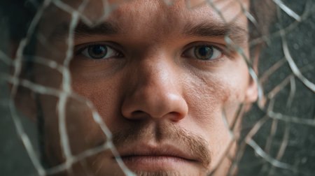 This evocative portrait captures a man confronting his inner identity through the reflection in broken glass, illustrating emotional struggle and self-exploration.の素材