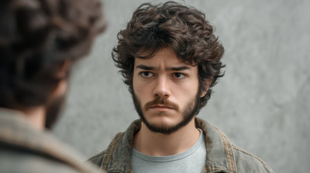 A young man confronts his reflection, capturing a moment of introspection and emotional depth, exploring themes of identity and self-acceptance in a minimalistic environment.の素材