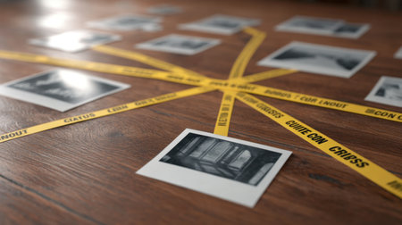 An engaging crime scene investigation board featuring evidence photos connected by lines on a wooden table. Ideal for storytelling, analysis, and creative projects.の素材