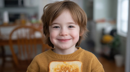 A joyful child smiles widely while holding a gooey grilled cheese sandwich, capturing the essence of childhood happiness during a snack break in a warm kitchen.の素材