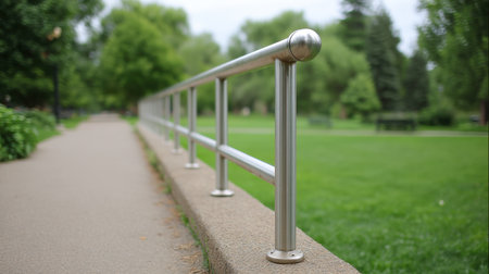 A tranquil park scene featuring a guiding railing along a peaceful path, surrounded by lush greenery and inviting atmosphere perfect for relaxation and exploration.の素材