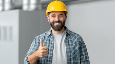 A confident HVAC technician in a hard hat is smiling and giving a thumbs up in a modern workshop, ready to provide top-quality service and support.の素材
