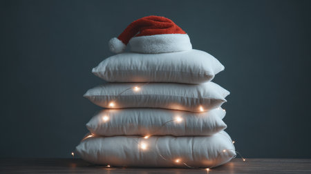 A serene arrangement featuring soft decorative pillows wrapped in sparkling fairy lights, topped with a festive Santa hat, ideal for cozy holiday decor inspiration.の素材