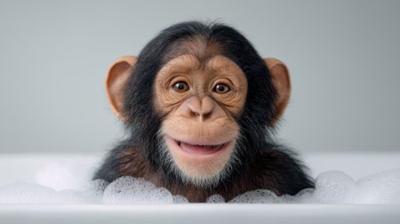 This endearing image captures a smiling chimpanzee enjoying a bubbly bath, exuding joy and innocence. The soft backdrop enhances the playful atmosphere.の素材