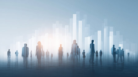 This image features silhouetted figures overlaid with abstract data blocks, creating a modern and engaging visual that represents growth, connectivity, and digital innovation.の素材