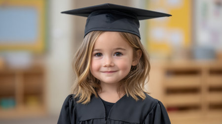A cheerful preschool graduate smiles while wearing a cap and gown, embodying joy and pride in achievement. The vibrant classroom setting reflects a festive atmosphere.の素材