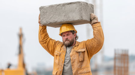 A construction worker exhibits physical effort while lifting a heavy concrete block, reflecting the challenges of manual labor in the building industry.の素材