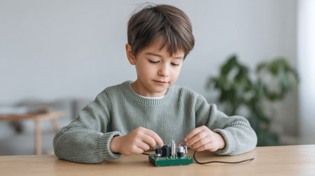 A young child is deeply focused while working on circuit components, showcasing a hands-on STEM learning experience that encourages creativity and innovation in education.の素材