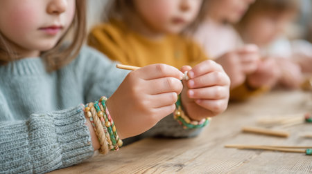 A close-up view of children hands carefully crafting handmade ornaments with colorful beads during an engaging creative workshop, highlighting focus and creativity.の素材