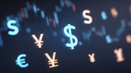 Explore the captivating visual of floating financial symbols and charts that illustrate the dynamic movements of global currencies, glowing softly against a dark backdrop.の素材