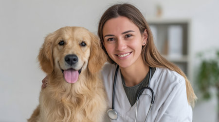 A joyful veterinarian wearing a stethoscope smiles alongside a golden retriever, highlighting the special bond between animals and their caregivers in a professional setting.の素材
