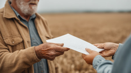 An elderly farmer and a younger individual share a document in a serene agricultural setting, showcasing rural life, partnership, and community engagement in farming.の素材