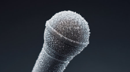 This striking image showcases a microphone covered in shimmering ice crystals, creating a unique frozen aesthetic against a dark background, perfect for creative projects.の素材