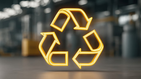 This image features a glowing neon recycling symbol set against a blurred industrial background, perfect for promoting sustainability and eco-friendly initiatives.の素材