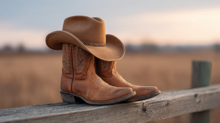 A pair of rustic cowboy boots paired with a classic hat rests gracefully on a wooden fence, illuminated by the warm glow of a sunset, creating a tranquil, picturesque scene.の素材