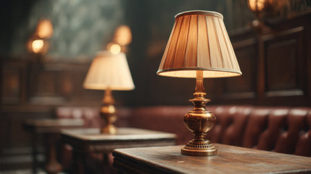 A beautifully designed vintage lamp casts a warm glow in an upscale lounge setting, creating a cozy and inviting atmosphere with rich textures and elegant decor.の素材