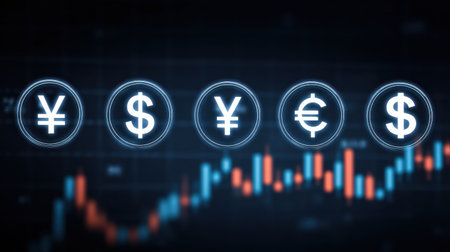 Explore dynamic digital currency icons against a backdrop of financial charts, showcasing economic data and trends in a modern representation of finance and investment.の素材