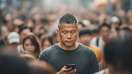 A man looks stressed and absorbed in his phone while surrounded by a bustling crowd in an urban setting, highlighting themes of solitude in public spaces.の素材