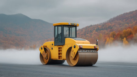 A yellow asphalt roller works on a hot surface, smoothing the road amid an autumn landscape filled with colorful trees and foggy mountains in the background.の素材