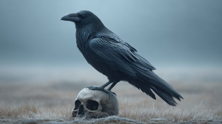 A striking black raven perches upon a skull in a frosty field, enveloped in moody light, creating a haunting yet tranquil atmosphere perfect for thematic inspiration.の素材