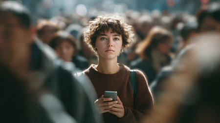 A young woman stands out in a bustling urban crowd, staring at her phone with a pensive expression, capturing a moment of solitude amid the chaos of city life.の素材