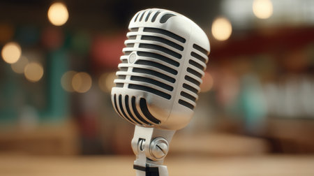 This image features a vintage microphone with a chrome finish, elegantly positioned on a wooden table in a cozy cafe, creating a warm and inviting atmosphere.の素材