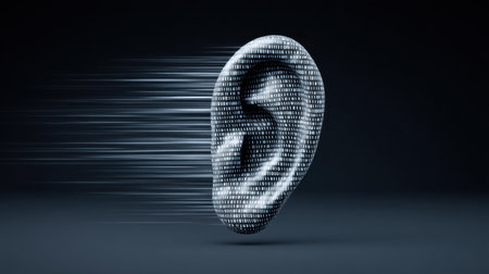 This striking image features an ear crafted from binary code, symbolizing the fusion of technology and sound in modern communication. Perfect for tech-related projects.の素材