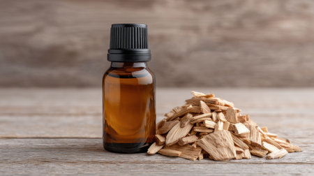 A small glass bottle of essential oil sits beside fragrant wood chips on a rustic wooden surface, symbolizing the connection between nature and wellness practices.の素材