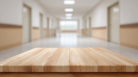 A wooden tabletop in clear focus stands prominently in the foreground, while a soft, blurred hallway creates a spacious, inviting atmosphere in the background.の素材