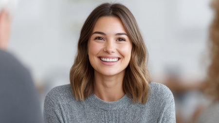 A cheerful female advisor engages in a productive meeting focused on professional development. Her friendly demeanor fosters teamwork and collaboration in a modern office.の素材