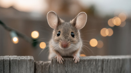 A charming mouse peeks over a rustic wooden fence, illuminated by twinkling lights, capturing a moment of curiosity and sweetness in a tranquil outdoor setting.の素材