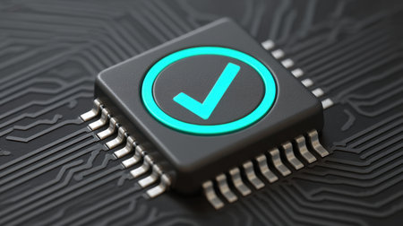 This image features a luminous checkmark symbol set against a circuit board background. It symbolizes technological approval and innovation, reflecting modern digital advancements.の素材