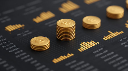 An interactive digital display featuring financial graphs and golden coins that illustrate economic trends and statistical insights in a sleek, modern layout.の素材