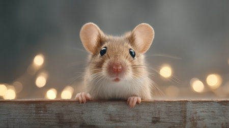 A delightful image of a curious mouse peeking over a rustic fence, with twinkling string lights creating a soft, magical ambiance perfect for nature lovers and animal enthusiasts.の素材